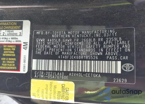 2011 Toyota Camry Xle from USA, damaged, VIN 4T4BF3EK6BR185526